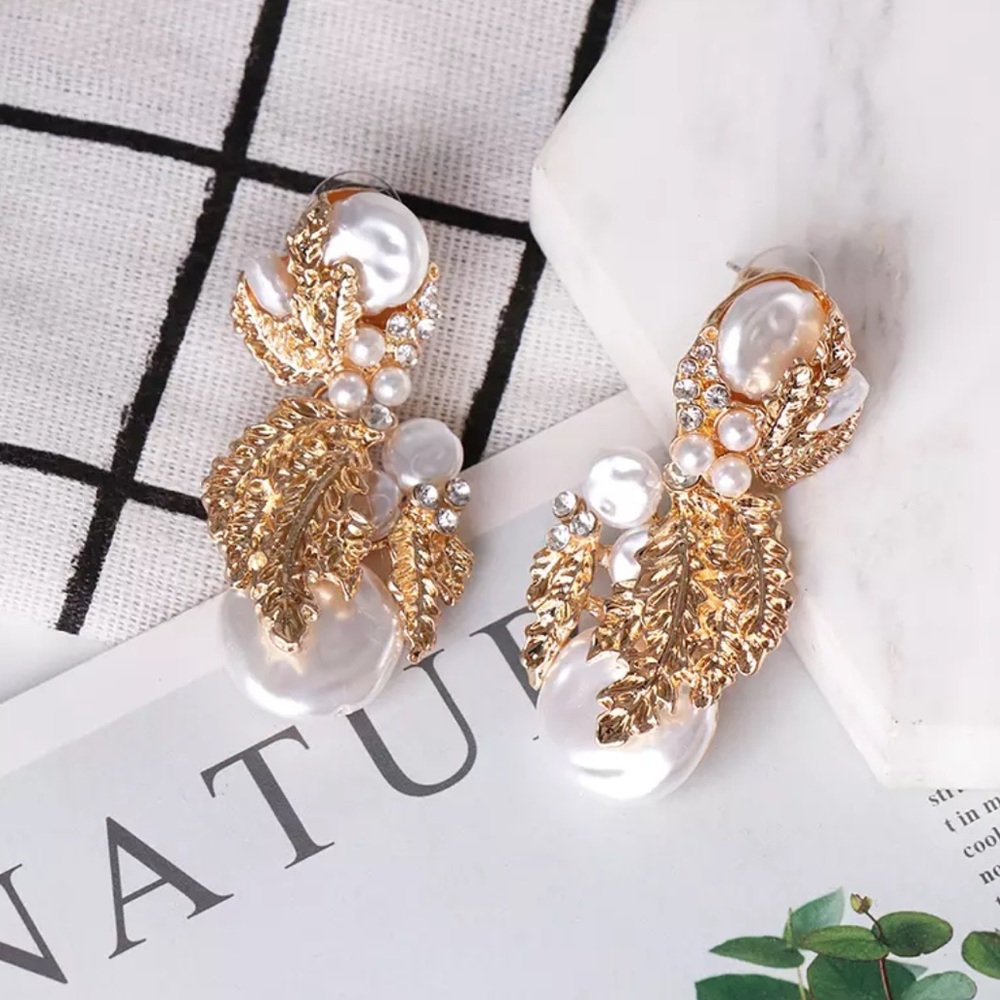 Zara Gold Rhinestone Pearl Earrings - Picture 6 of 8